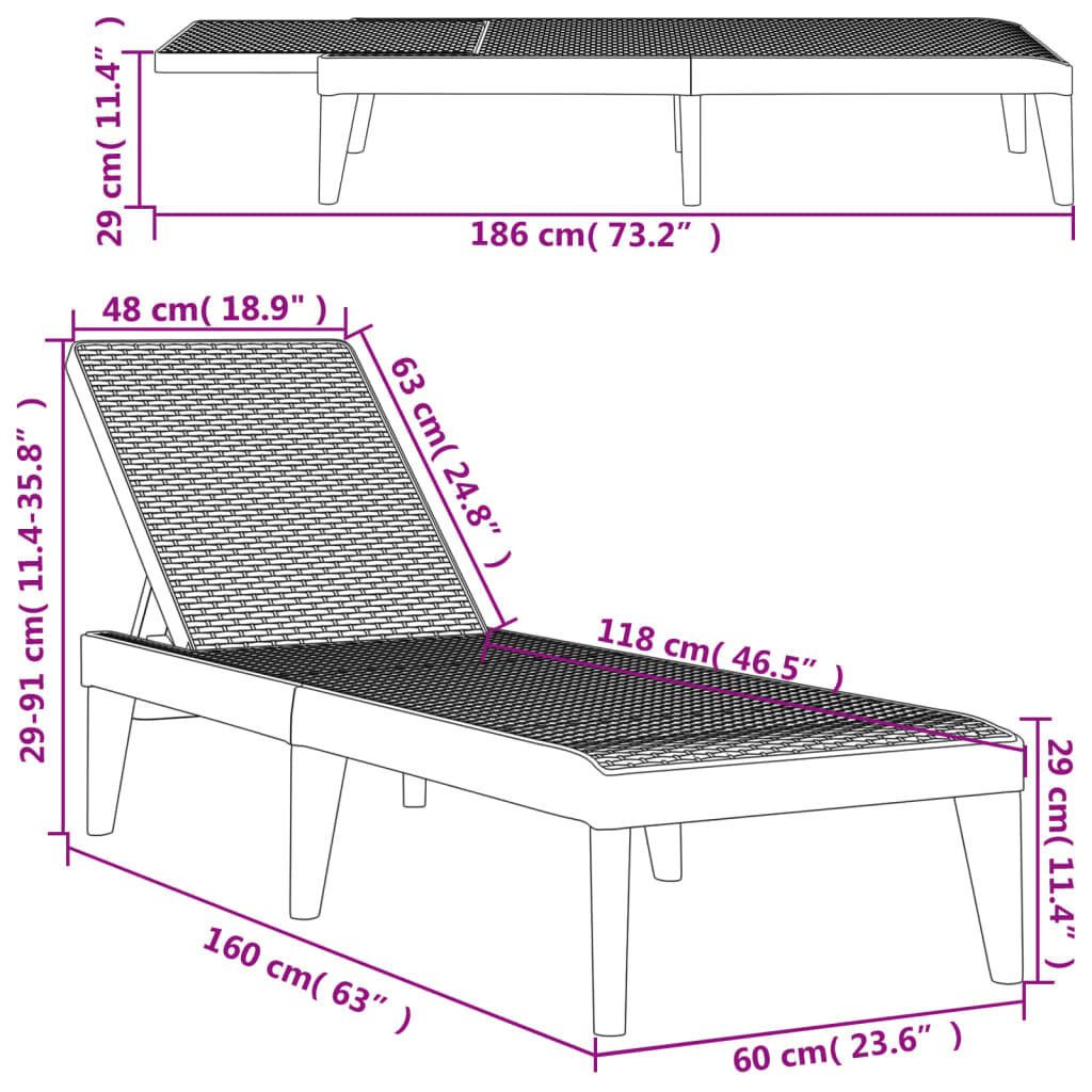 vidaXL Sonnenliege Anthrazit 186x60x29 cm PP