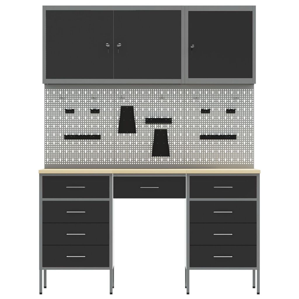 vidaXL 8-tlg. Werkstattschrank-Set mit Stecktafel Schwarz MDF Metall